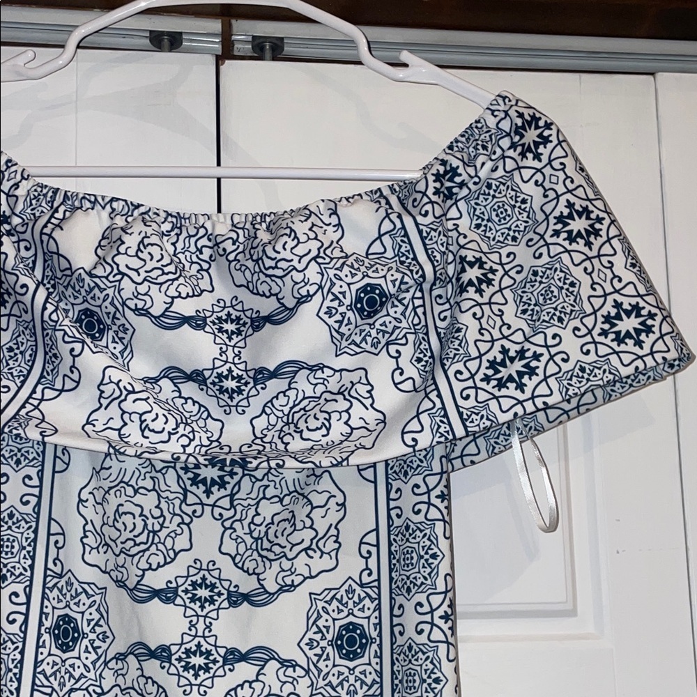 Blue and White Off-Shoulder Dress- Medium - Picture 2 of 6